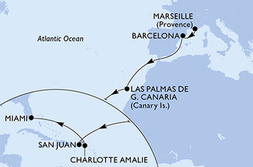 Francúzsko, Španielsko, USA z Marseille na lodi MSC Grandiosa