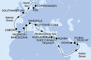 Nemecko, Dánsko, Veľká Británia, Portugalsko, Španielsko, Francúzsko, Taliansko, Egypt, Jordánsko, Omán, Katar, Spojené arabské emiráty z Kielu na lodi MSC Euribia