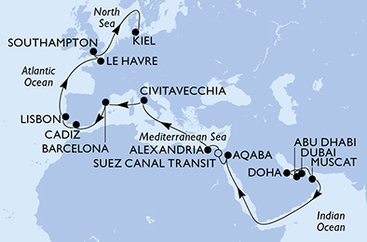 Spojené arabské emiráty, Katar, Omán, Jordánsko, Egypt, Taliansko, Španielsko, Portugalsko, Francúzsko, Veľká Británia, Nemecko z Dubaja na lodi MSC Euribia