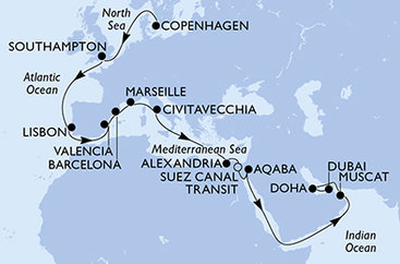 Dánsko, Veľká Británia, Portugalsko, Španielsko, Francúzsko, Taliansko, Egypt, Jordánsko, Omán, Katar, Spojené arabské emiráty z Kodaně na lodi MSC Euribia