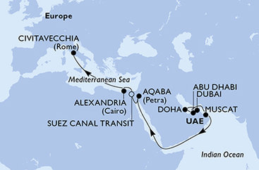 Spojené arabské emiráty, Katar, Omán, Jordánsko, Egypt, Taliansko z Dubaja na lodi MSC Euribia