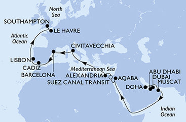 Spojené arabské emiráty, Katar, Omán, Jordánsko, Egypt, Taliansko, Španielsko, Portugalsko, Francúzsko, Veľká Británia z Dubaja na lodi MSC Euribia