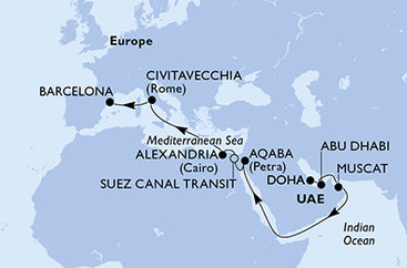 Katar, Spojené arabské emiráty, Omán, Jordánsko, Egypt, Taliansko, Španielsko z Dohy na lodi MSC Euribia