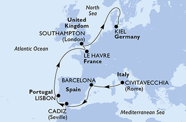 Taliansko, Španielsko, Portugalsko, Francúzsko, Veľká Británia, Nemecko z Civitavechie na lodi MSC Euribia