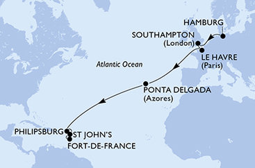 Nemecko, Veľká Británia, Francúzsko, Portugalsko, Svatý Martin, Antigua a Barbuda, Martinik z Hamburgu na lodi MSC Virtuosa