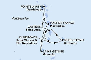 Martinik, Guadeloupe, Svätý Vincent a Grenadiny, Barbados, Svätá Lucia, Grenada z Fort de France, Martinik na lodi MSC Virtuosa