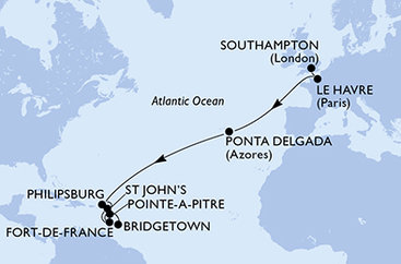 Veľká Británia, Francúzsko, Portugalsko, Svatý Martin, Antigua a Barbuda, Martinik, Guadeloupe, Barbados zo Southamptonu na lodi MSC Virtuosa