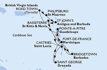 Barbados, Svätá Lucia, Grenada, Martinik, Guadeloupe, Britské Panenské ostrovy, Svatý Martin, Antigua a Barbuda, Svätý Krištof a Nevis z Bridgetownu na lodi MSC Virtuosa