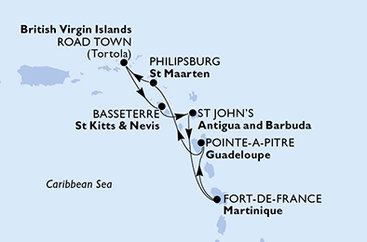 Martinik, Guadeloupe, Svatý Martin, Britské Panenské ostrovy, Svätý Krištof a Nevis, Antigua a Barbuda z Fort de France, Martinik na lodi MSC Virtuosa