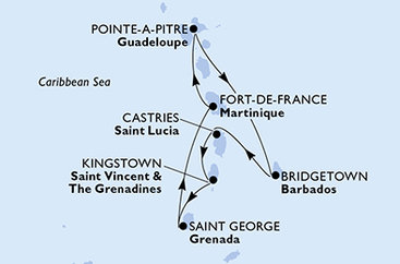 Martinik, Guadeloupe, Barbados, Svätá Lucia, Svätý Vincent a Grenadiny, Grenada z Fort de France, Martinik na lodi MSC Virtuosa