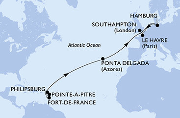 Martinik, Guadeloupe, Svatý Martin, Portugalsko, Nemecko, Francúzsko, Veľká Británia z Fort de France, Martinik na lodi MSC Virtuosa