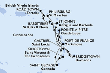 Barbados, Svätá Lucia, Svätý Vincent a Grenadiny, Grenada, Martinik, Guadeloupe, Svatý Martin, Britské Panenské ostrovy, Svätý Krištof a Nevis, Antigua a Barbuda z Bridgetownu na lodi MSC Virtuosa