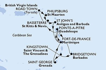 Barbados, Svätý Vincent a Grenadiny, Grenada, Martinik, Guadeloupe, Britské Panenské ostrovy, Svatý Martin, Svätý Krištof a Nevis, Antigua a Barbuda z Bridgetownu na lodi MSC Virtuosa