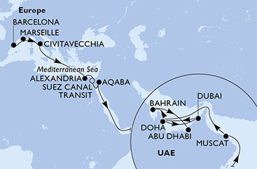 Španielsko, Francúzsko, Taliansko, Egypt, Jordánsko, Omán, Katar, Spojené arabské emiráty, Bahrajn z Barcelony na lodi MSC Euribia