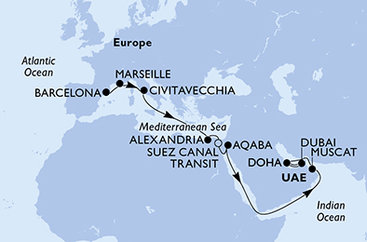 Španielsko, Francúzsko, Taliansko, Egypt, Jordánsko, Omán, Katar, Spojené arabské emiráty z Barcelony na lodi MSC Euribia