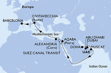 Spojené arabské emiráty, Katar, Omán, Jordánsko, Egypt, Taliansko, Španielsko z Dubaja na lodi MSC Euribia