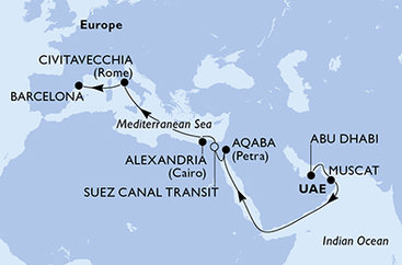 Spojené arabské emiráty, Omán, Jordánsko, Egypt, Taliansko, Španielsko z Abu Dhabi na lodi MSC Euribia