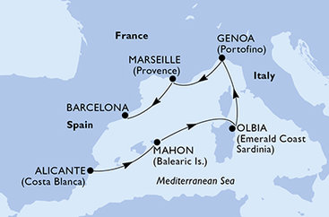 Španielsko, Taliansko, Francúzsko z Alicante na lodi MSC Musica