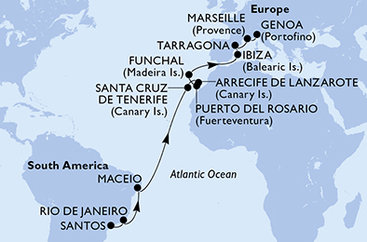 Brazília, Španielsko, Portugalsko, Francúzsko, Taliansko zo Santosu na lodi MSC Splendida