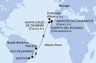 Brazília, Španielsko, Portugalsko zo Santosu na lodi MSC Splendida