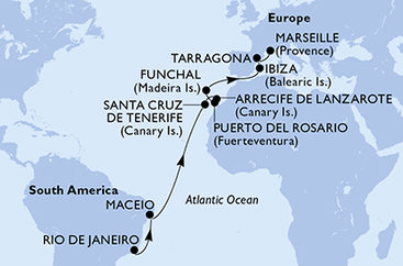 Brazília, Španielsko, Portugalsko, Francúzsko z Rio de Janeira na lodi MSC Splendida