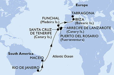 Brazília, Španielsko, Portugalsko z Rio de Janeira na lodi MSC Splendida