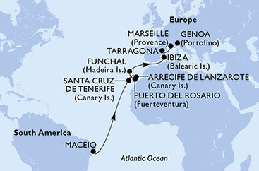 Brazília, Španielsko, Portugalsko, Francúzsko, Taliansko z Maceia na lodi MSC Splendida