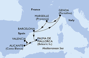 Španielsko, Taliansko, Francúzsko z Barcelony na lodi MSC Splendida