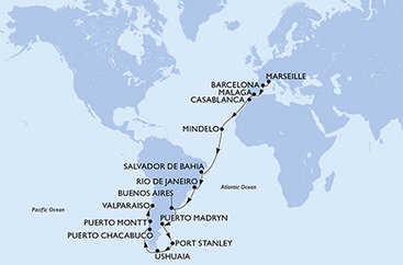 Francúzsko, Španielsko, Maroko, Kapverdy, Brazília, Argentína, Zámořské území Velké Británie, Chile z Marseille na lodi MSC Magnifica