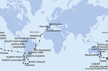 Španielsko, Maroko, Kapverdy, Brazília, Argentína, Zámořské území Velké Británie, Chile, Francouzská Polynésie, Cookovy ostrovy, Nový Zéland, Austrália z Barcelony na lodi MSC Magnifica