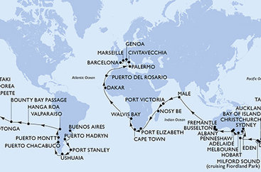 Argentína, Zámořské území Velké Británie, Chile, Francouzská Polynésie, Cookovy ostrovy, Nový Zéland, Austrália, Maledivy, Seychely, Madagaskar, Juhoafrická republika, Namíbia, Senegal, Španielsko, Taliansko, Francúzsko z Buenos Aires na lodi MSC Magnifica