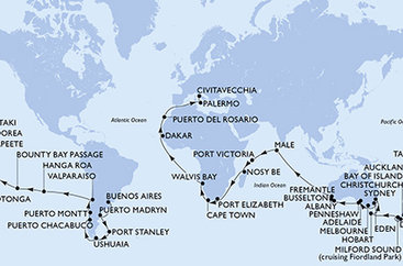 Argentína, Zámořské území Velké Británie, Chile, Francouzská Polynésie, Cookovy ostrovy, Nový Zéland, Austrália, Maledivy, Seychely, Madagaskar, Juhoafrická republika, Namíbia, Senegal, Španielsko, Taliansko z Buenos Aires na lodi MSC Magnifica