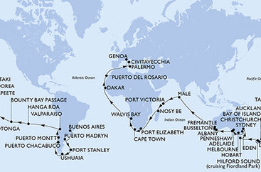 Argentína, Zámořské území Velké Británie, Chile, Francouzská Polynésie, Cookovy ostrovy, Nový Zéland, Austrália, Maledivy, Seychely, Madagaskar, Juhoafrická republika, Namíbia, Senegal, Španielsko, Taliansko z Buenos Aires na lodi MSC Magnifica