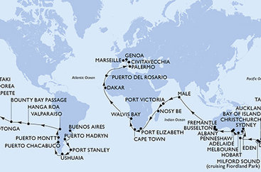 Argentína, Zámořské území Velké Británie, Chile, Francouzská Polynésie, Cookovy ostrovy, Nový Zéland, Austrália, Maledivy, Seychely, Madagaskar, Juhoafrická republika, Namíbia, Senegal, Španielsko, Taliansko, Francúzsko z Buenos Aires na lodi MSC Magnifica