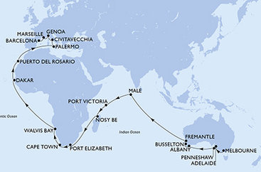 Austrália, Maledivy, Seychely, Madagaskar, Juhoafrická republika, Namíbia, Senegal, Španielsko, Taliansko, Francúzsko z Melbournu na lodi MSC Magnifica