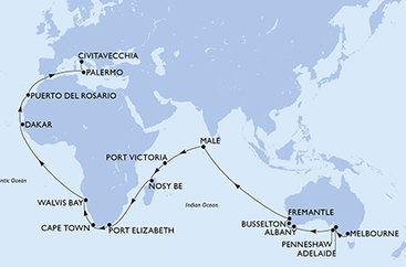 Austrália, Maledivy, Seychely, Madagaskar, Juhoafrická republika, Namíbia, Senegal, Španielsko, Taliansko z Melbournu na lodi MSC Magnifica