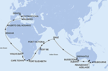 Austrália, Maledivy, Seychely, Madagaskar, Juhoafrická republika, Namíbia, Senegal, Španielsko, Taliansko z Melbournu na lodi MSC Magnifica