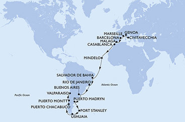 Taliansko, Francúzsko, Španielsko, Maroko, Kapverdy, Brazília, Argentína, Zámořské území Velké Británie, Chile z Civitavechie na lodi MSC Magnifica