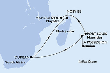 Juhoafrická republika, Madagaskar, Francúzsko, Maurícius, Reunion z Durbanu na lodi MSC Opera