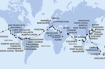 Španielsko, Portugalsko, Barbados, Grenada, Bonaire, Curacao, Kolumbia, Kostarika, Panama, Nikaragua, Guatemala, Mexiko, USA, Samoa, Fiji, Nový Zéland, Austrália, Filipíny, Tchaj-wan, Japonsko, Južná Kórea, Čína, Vietnam, Singapur, Malajzia, Srí Lanka, Spojené arabské emiráty, Omán, Jordánsko, Egypt, Grécko, Taliansko, Francúzsko z Barcelony na lodi MSC Magnifica