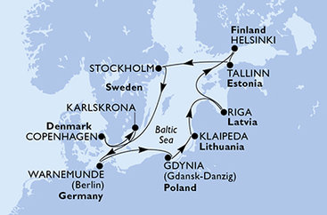 Nemecko, Poľsko, Litva, Lotyšsko, Fínsko, Estónsko, Švédsko, Dánsko z Warnemünde na lodi MSC Magnifica