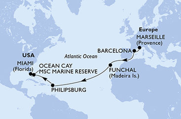 Francúzsko, Španielsko, Portugalsko, Svatý Martin, Bahamy, USA z Marseille na lodi MSC Poesia