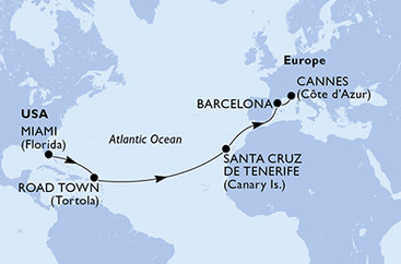 USA, Britské Panenské ostrovy, Španielsko, Francúzsko z Miami na lodi MSC Divina