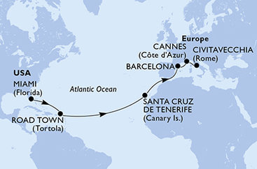 USA, Britské Panenské ostrovy, Španielsko, Francúzsko, Taliansko z Miami na lodi MSC Divina