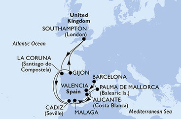 Veľká Británia, Španielsko zo Southamptonu na lodi MSC Virtuosa