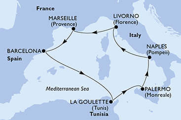 Taliansko, Francúzsko, Španielsko, Tunisko z Palerma na lodi MSC Meraviglia