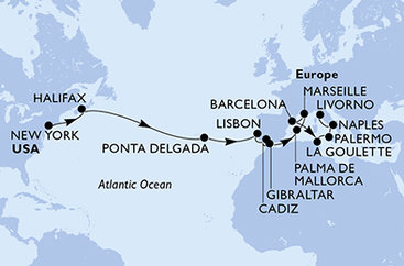 USA, Kanada, Portugalsko, Španielsko, Gibraltár, Francúzsko, Tunisko, Taliansko z New Yorku na lodi MSC Meraviglia