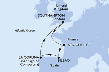 Veľká Británia, Francúzsko, Španielsko zo Southamptonu na lodi MSC Virtuosa
