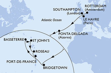 Holandsko, Veľká Británia, Francúzsko, Portugalsko, Barbados, Svätý Krištof a Nevis, Antigua a Barbuda, Dominika, Martinik z Rotterdamu na lodi MSC Virtuosa