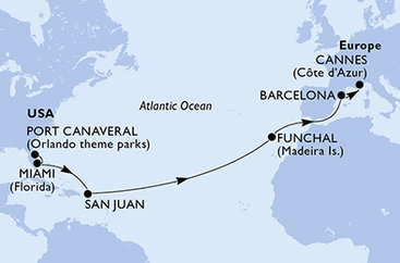 USA, Portugalsko, Španielsko, Francúzsko z Port Canaveralu na lodi MSC Grandiosa